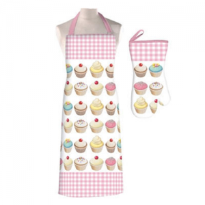 Pink Gingham Matching Cupcake Apron and Oven Glove Set