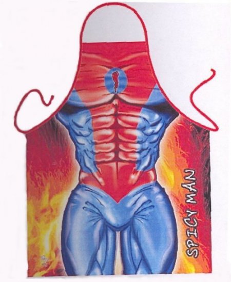 Super Spicy Man Kitchen Hero Novelty Apron - Click Image to Close