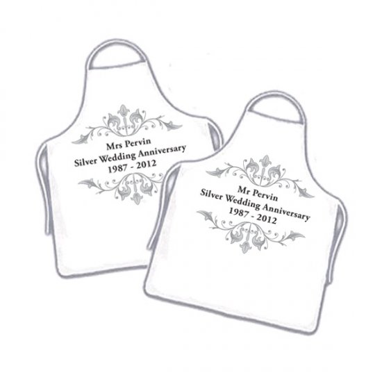 Pair of Silver Wedding Anniversary Couples Personalised Aprons - Click Image to Close