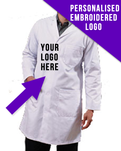 Long White Catering Employee Coat and Corporate Embroidered Logo - Click Image to Close